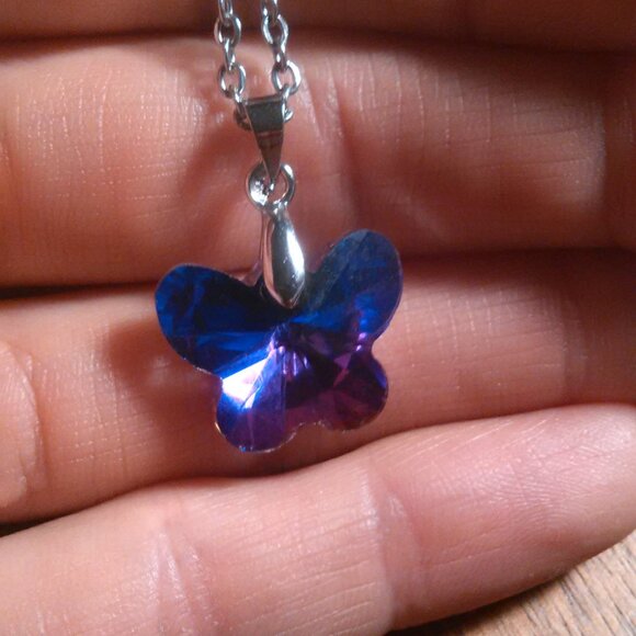 Magic Color Crystal Butterfly Brass Pendant Stainless Steel Necklace - Picture 9 of 16